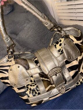 Leopard print and zebra print Y2K handbag with silver sequins buckle